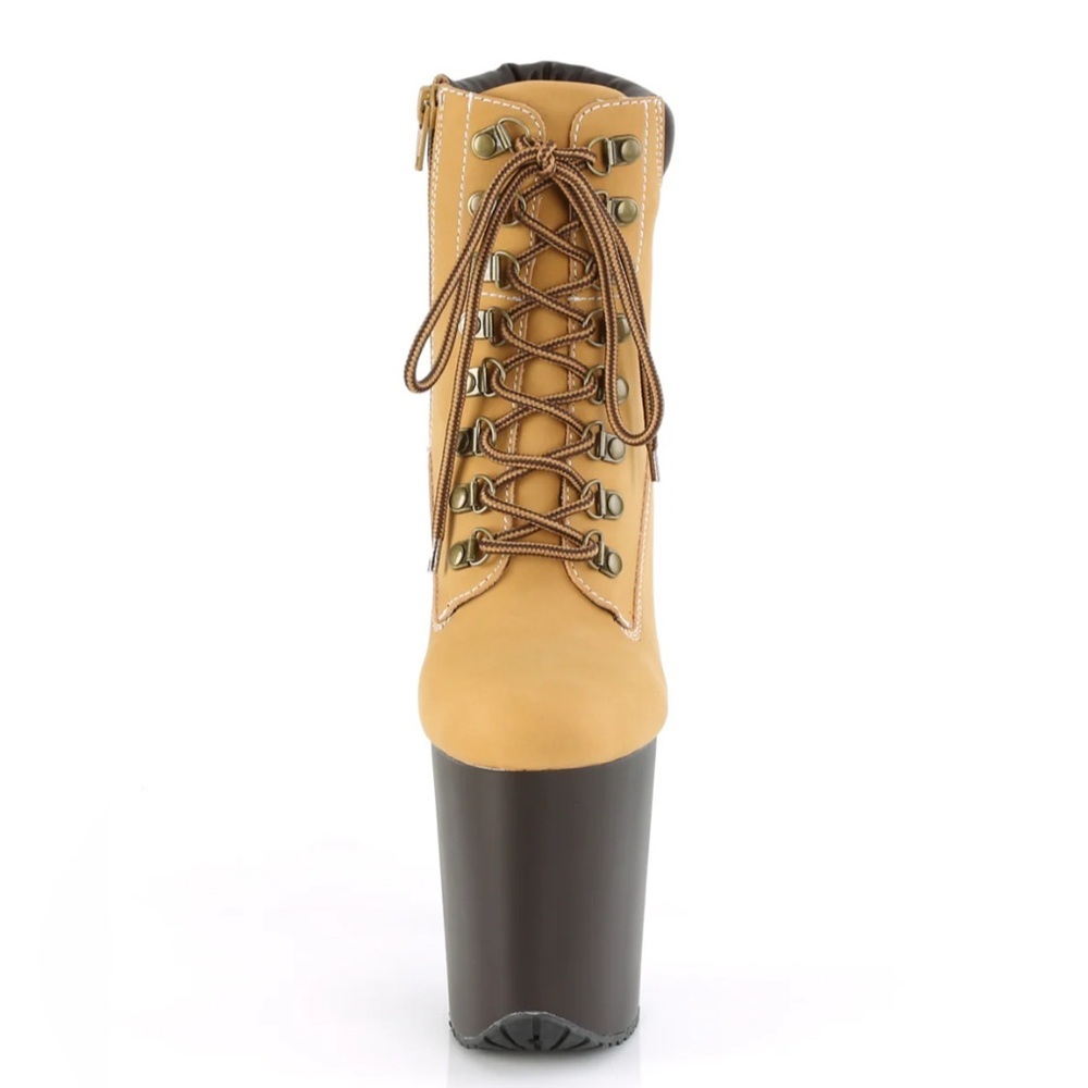 🦋B2G1🦋PLEASER 8” Tan Nubuck Faux Leather Brown Lace Up Platform Stiletto Boots - Picture 4 of 7